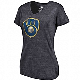 Women's Milwaukee Brewers Fanatics Branded Primary Distressed Team Tri Blend V Neck T-Shirt Heathered Navy FengYun